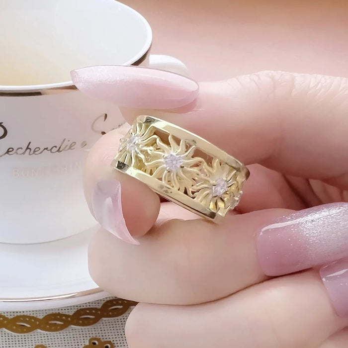 925 Sterling Silver Golden Sun Band Ring Fine Jewelry For Women & Men