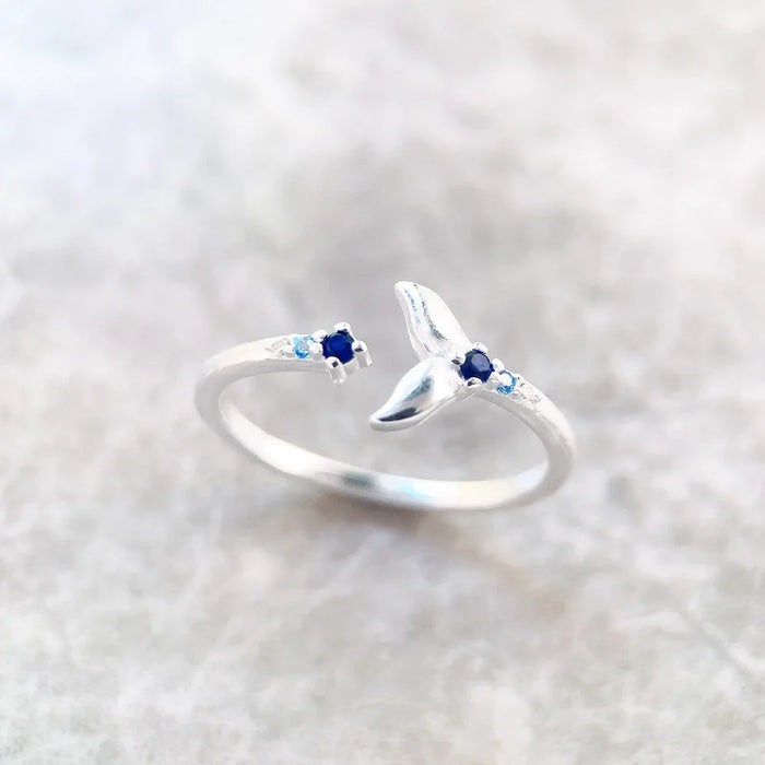 925 Sterling Silver Blue Stone Dolphin Tail Fin Ring Europe Style Cheerful For Women