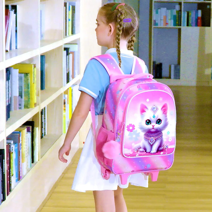 3 Piece Girls Rolling Backpack Set With Lunch Bag Cat
