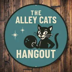 Cat-Themed Bowling Alley Sign Metal Decor