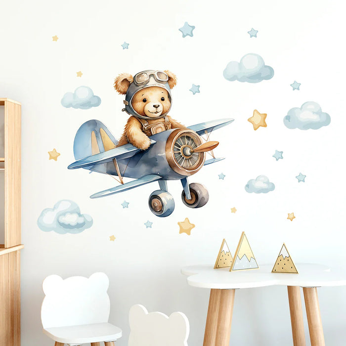 Cartoon Pilot Bear Wall Decals For Kids Room Decor