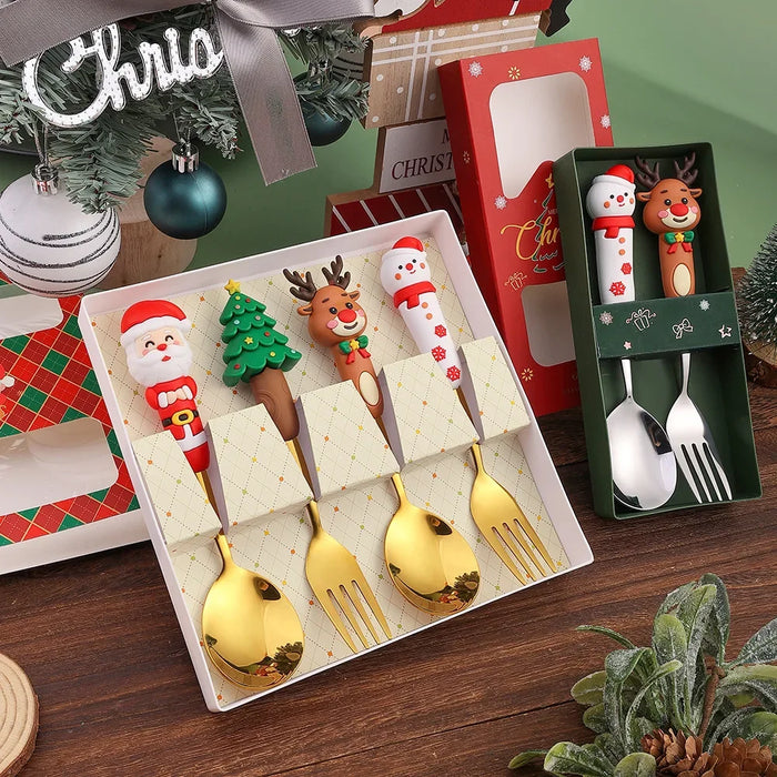 4 Piece Christmas Cutlery Set Stainless Steel Spoon & Fork With Cartoon Doll Design