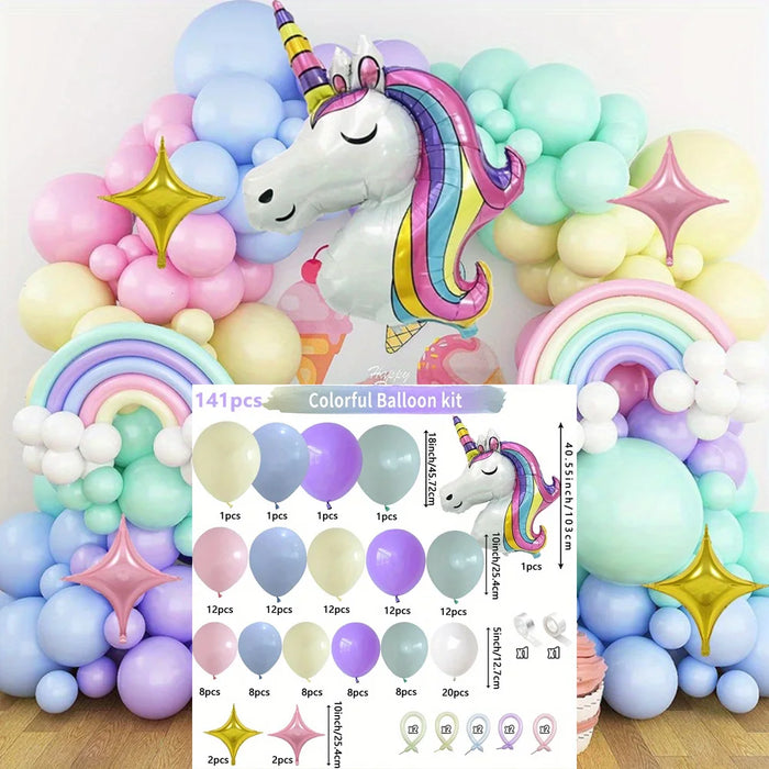 141Pcs Rainbow Unicorn Balloon Wreath Set With Colourful Candy Macaron Balloons For Wedding Birthday And Party Decoration