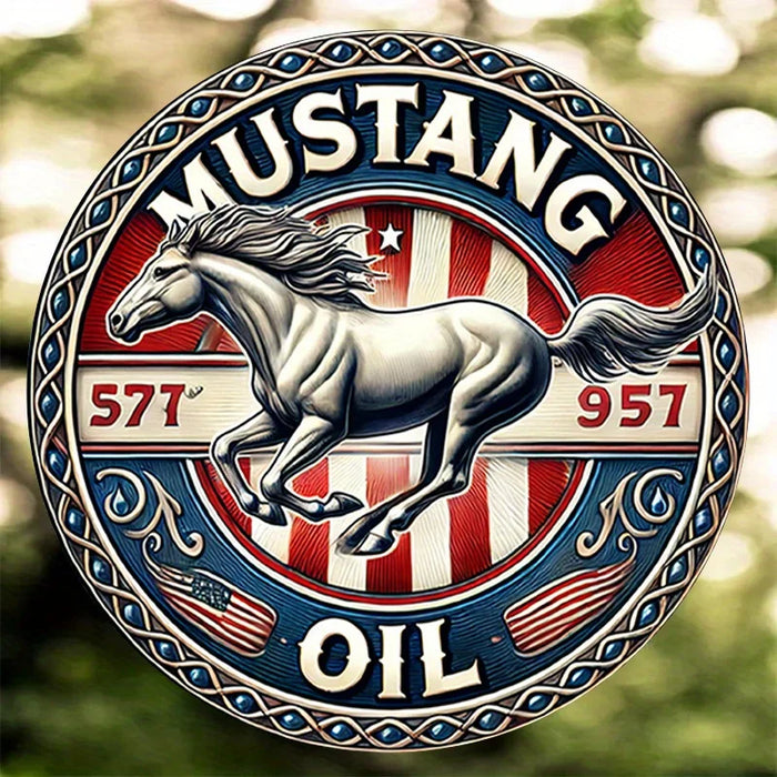 Vintage Round Metal Sign Mustang Oil Design
