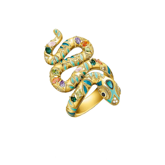 925 Sterling Silver Boho Golden Snake Ring Pave Design Women Jewelry