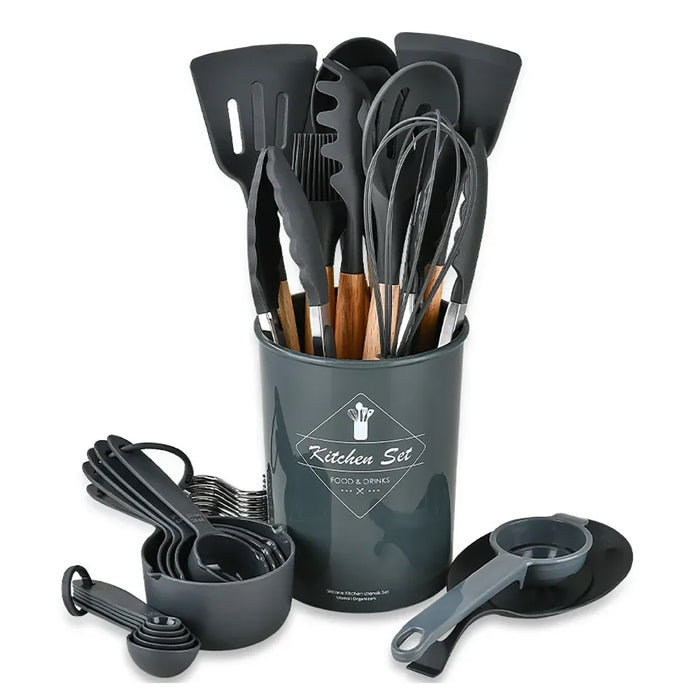 34 Piece Non Stick Silicone Kitchen Utensil Set With Wooden Handles