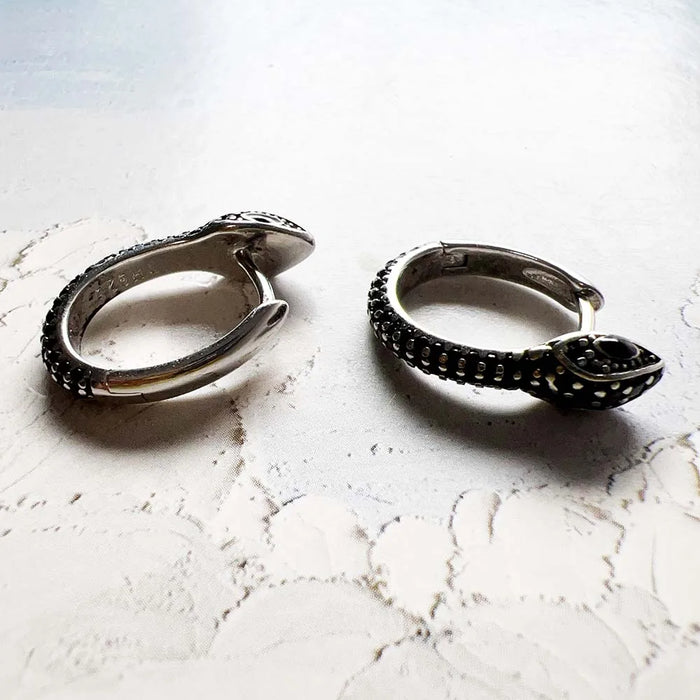 925 Sterling Silver Vintage Blackened Snake Hoop Earrings