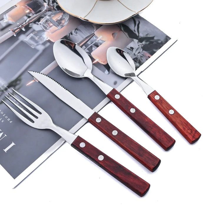 24 Piece Stainless Steel Cutlery Set With Wood Handles