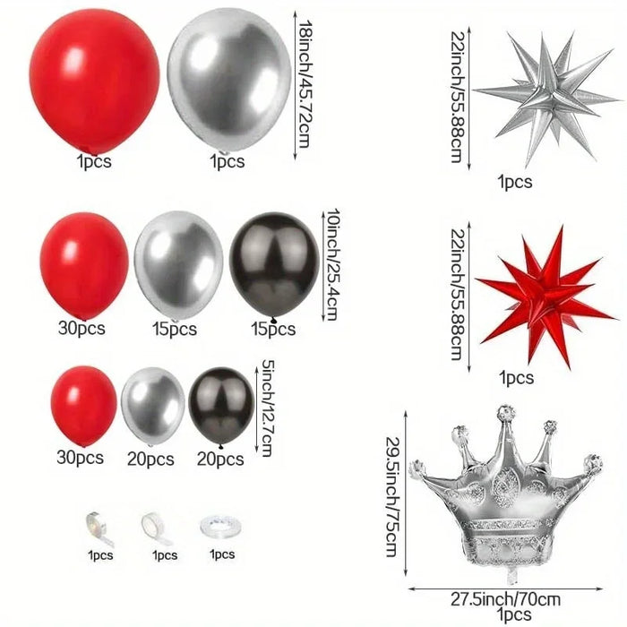 138Pcs Crown Balloon Arch Set - Red Black Silver Balloon Explosion Star Crown-For Weddings Birthdays Balls And Other Events