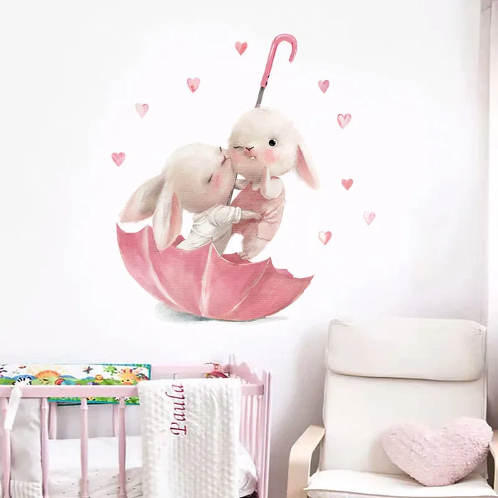 Watercolour Pink Umbrella With Bunny Wall Stickers And Hearts For Kids Room Decor