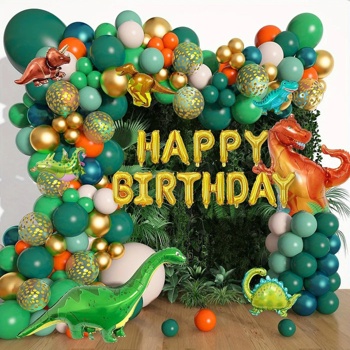153Pcs Dinosaur Themed Balloon Garland Arch Green Gold Orange Balloon Jungle Party Dinosaur Themed Birthday Party Decorations