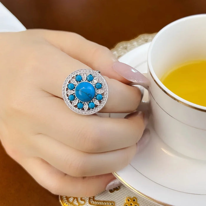925 Sterling Silver Blue Ornament Ring Glam Fashion Jewelry For Women