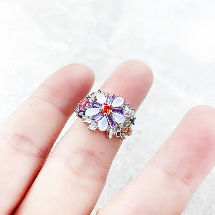 925 Sterling Silver Boho Colourful Flowers Ring For Women