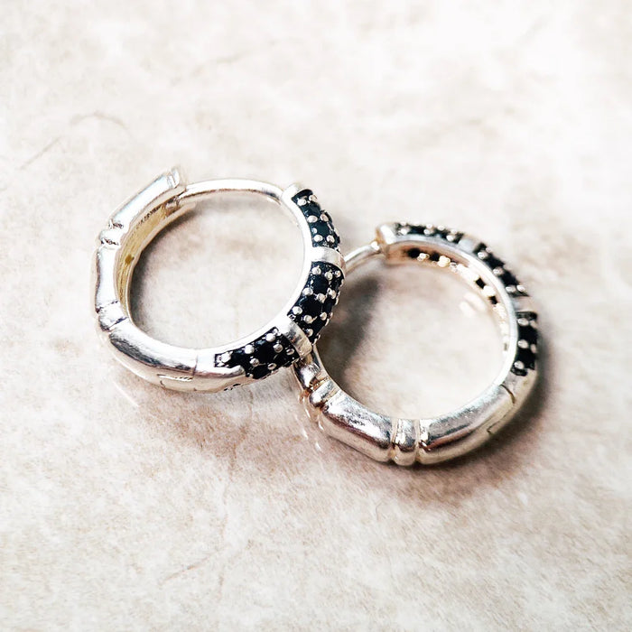 925 Sterling Silver Bamboo Black Creole Hinged Hoop Earrings Europe Glam Fine Jewelry For Women & Men