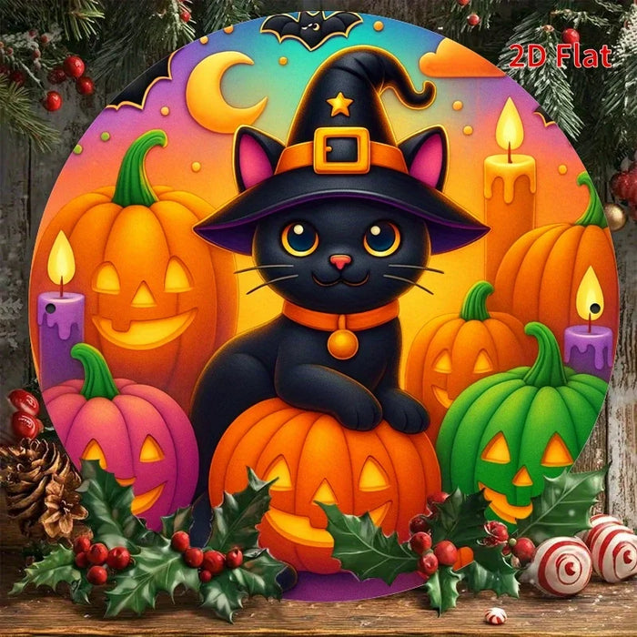 Vintage Halloween Witch Cat & Pumpkins Iron Sign 7.8 Inch Spooky Black Cat