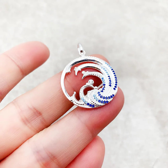 925 Sterling Silver Blue Stone Wave Pendant Ocean Jewelry For Women