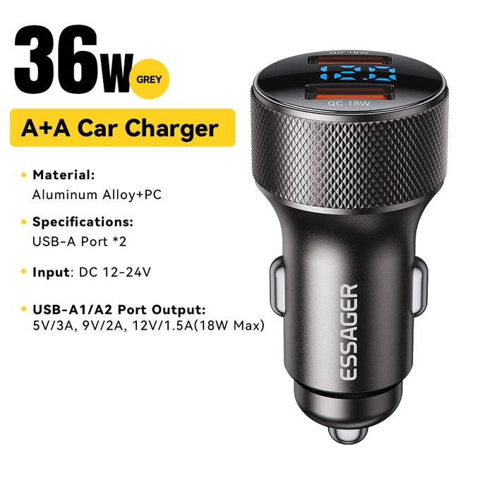 Usb C Car Charger 45W 2 Ports Pd3.0 Qc3.0 Digital Display Car Phone Charger For Iphone 16 15 Xiaomi Huawei Samsung Oppo