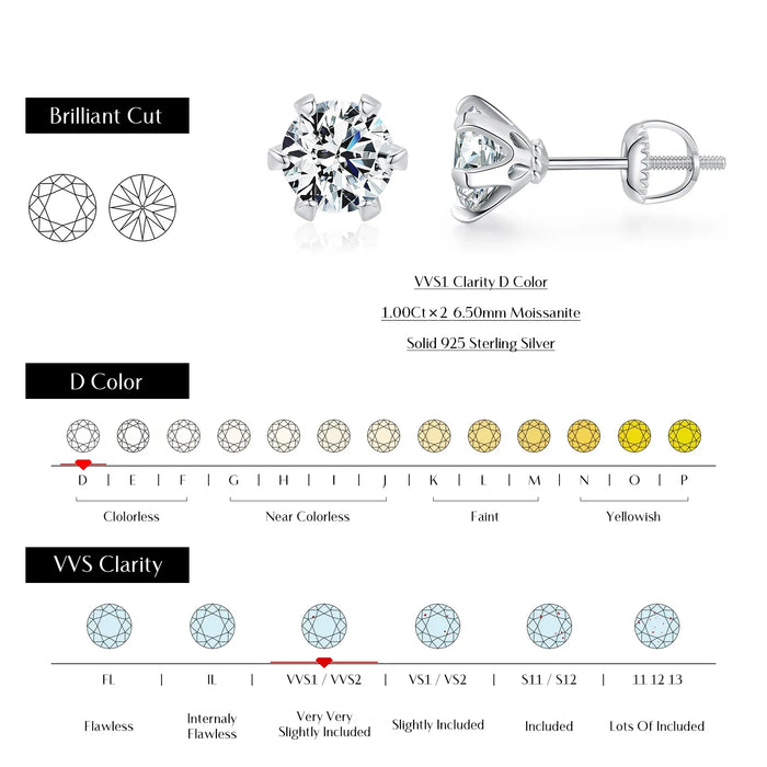 925 Sterling Silver 1Ct D Moissanite Stud Earrings Wedding Jewelry
