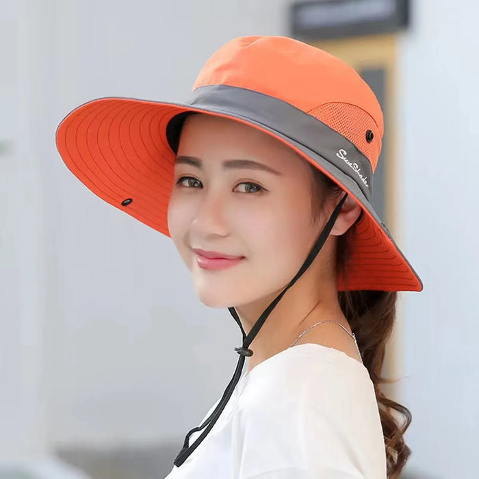 Quick Drying Large Brim Bucket Hat For Women Sun Protection & Ponytail Opening Outdoor Fishermen Cap