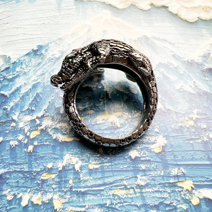 925 Sterling Silver Blackened Crocodile Ring Unisex Jewelry Fine Punk
