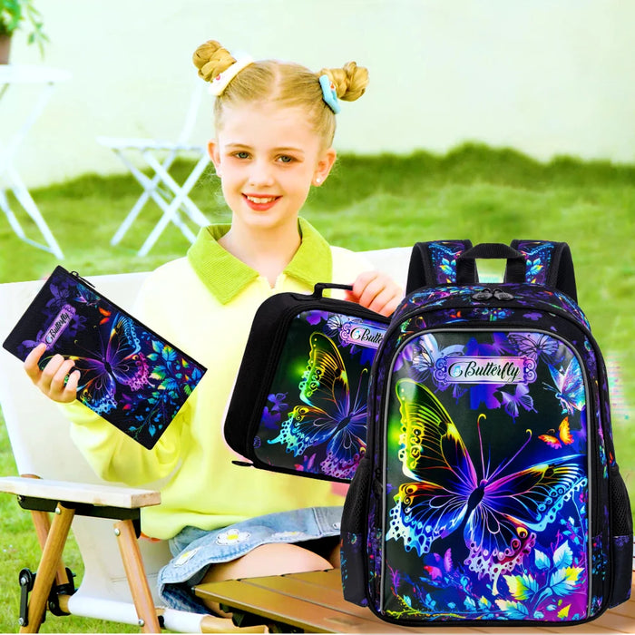 3 Piece 16 Inch Girls Butterfly Backpack Set With Lunch Box For School Preschool Kindergarten