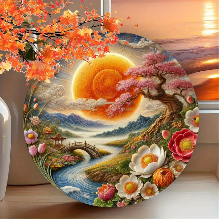 8X8 Inch Round Metal Wall Art Spring Floral & Landscape Weather-Resistant Hd Print Easy Hang Home Garden Cafe Bar