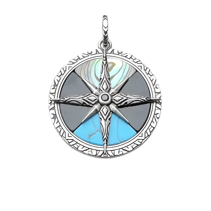 925 Sterling Silver Large Turquoise Compass Pendant Lucky Charm For Men & Women