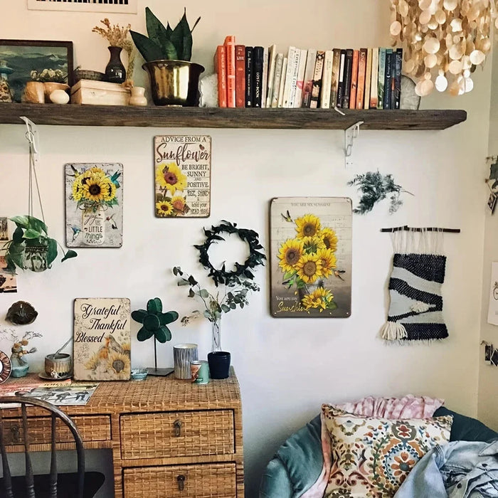 4Pcs Sunflower Wall Decor Set Retro Tin Signs Kitchen Accessories Inspirational