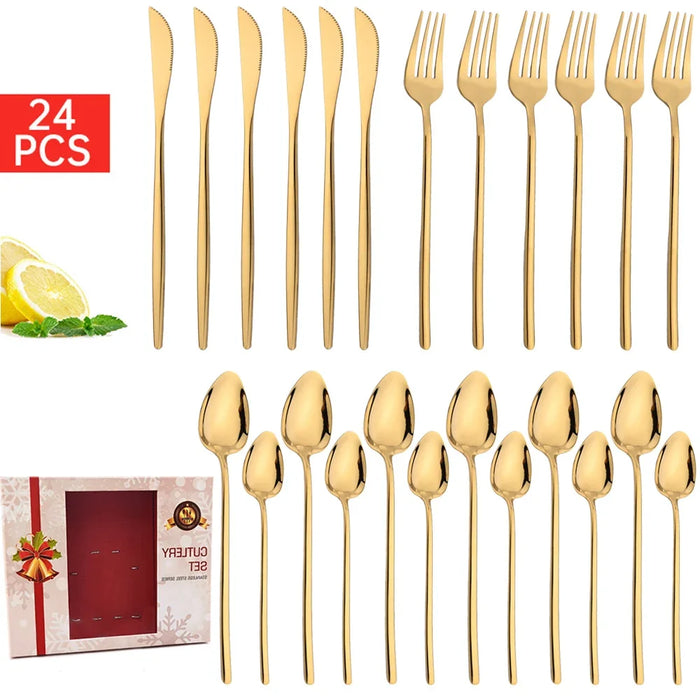 24 Piece Gold Stainless Steel Dinnerware Set With Gift Box