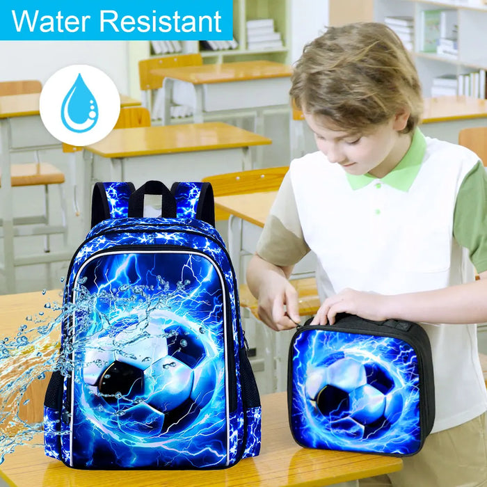 17 Inch School Bag Lunch Bag Set For Teens Water Resistant Soccer Pattern Fits Boys Men