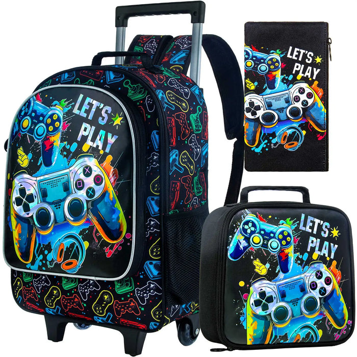3 Piece Dragon Rolling Backpack Set For Boys School Wheels Lunch