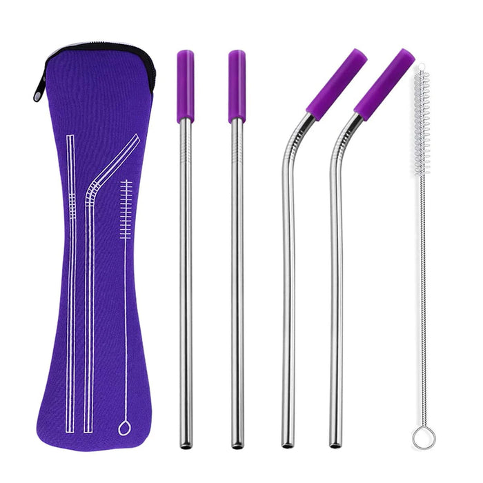 4 Piece Reusable Stainless Steel Straw Set With Cleaning Brush And Travel Bag