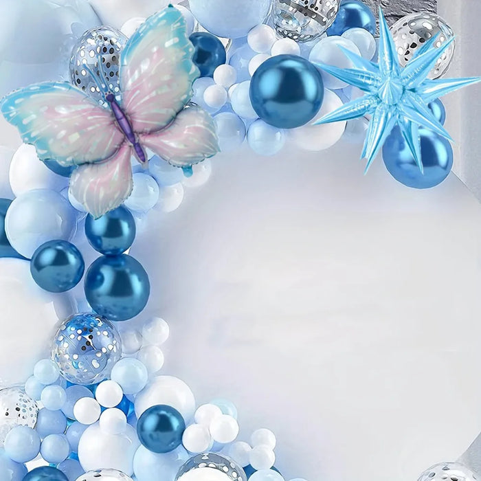 122Pcs Blue Balloon Wreath Kit With Butterfly And Exploding Star Foils - Birthdays Weddings Engagements And Anniversaries