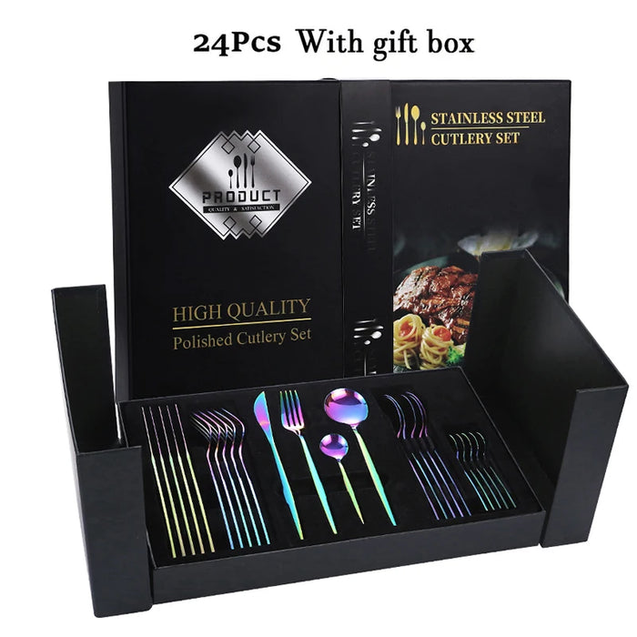 24 Piece Black & Gold Stainless Steel Cutlery Set Ideal For Festive Occasions & Dinners