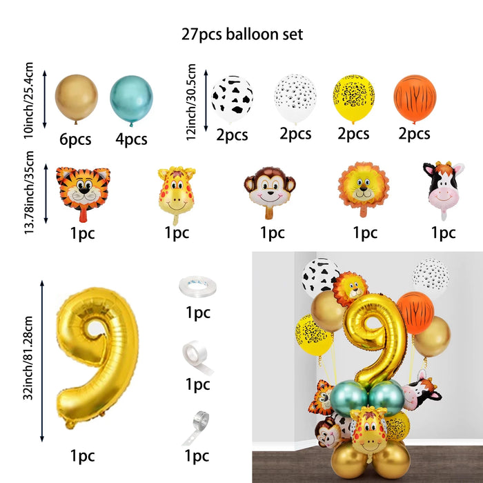 27Pcs Animal Balloons Gold Digital Balloons Jungle Animal Themed Birthday Party Decorate Anniversary Party