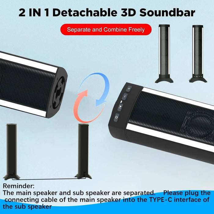 25In Soundbar For Tv Home Theater Dual Subwoofers 4 Speakers 3D Stereo Bluetooth Foldable Split Wireless