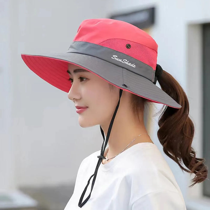 Quick Drying Large Brim Bucket Hat For Women Sun Protection & Ponytail Opening Outdoor Fishermen Cap