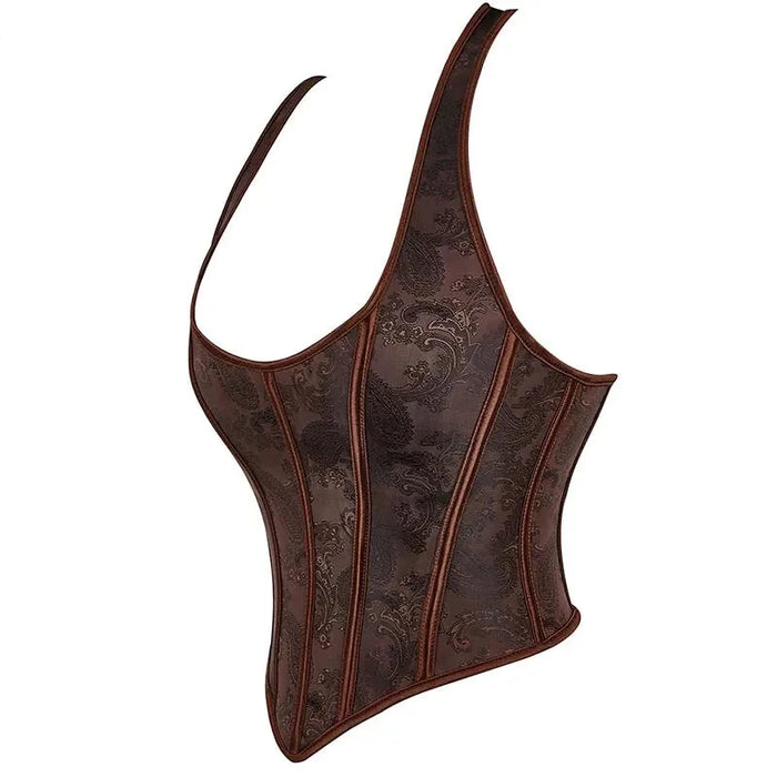 Fish Bone Jacquard Deep V-Neck Corset Crop Top With Halter Neck Plus Size