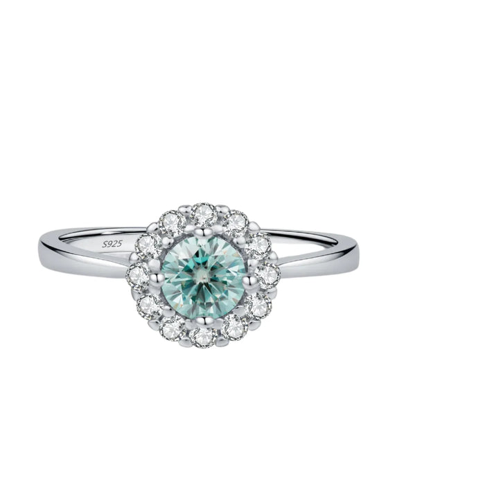 925 Sterling Silver Green Teal Moissanite Halo Ring