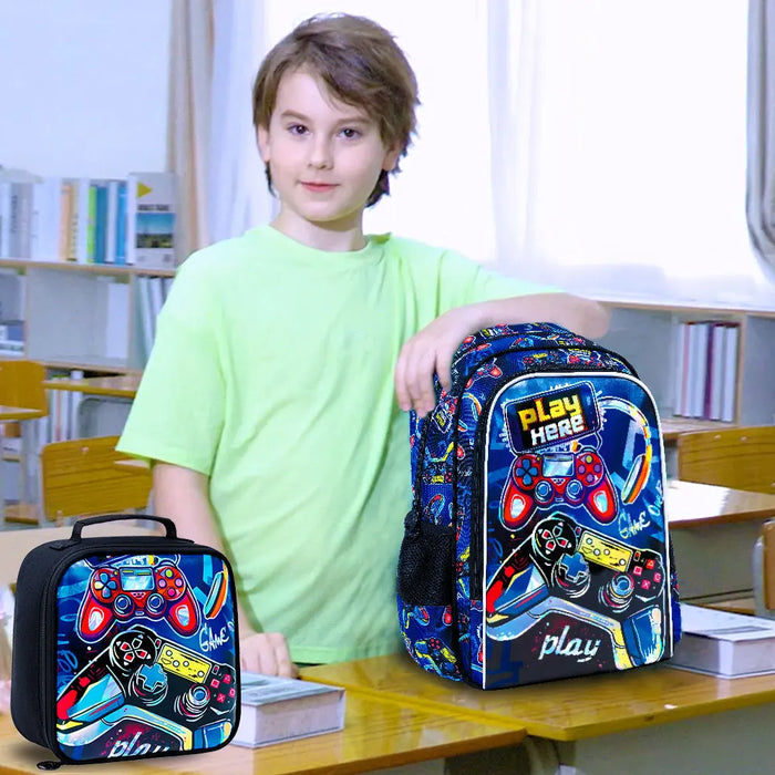 3 Piece Red Game Console Backpack Set For Boys 16 Inch Bookbag Lunch Box Preschool To Elementary