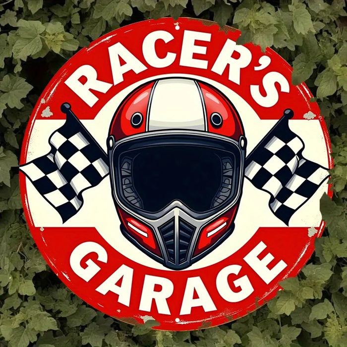 Retro Racing Metal Sign Vintage Design With Flag & Helmet