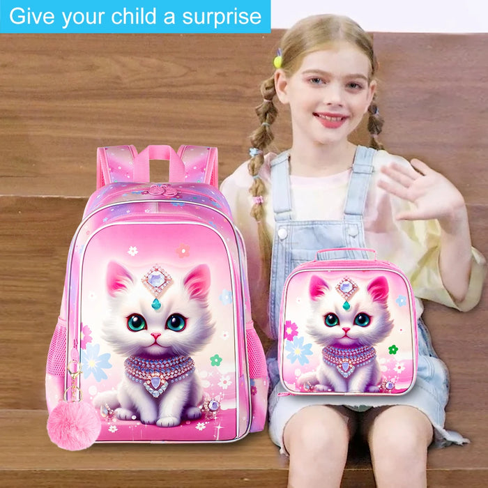 3 Piece Girls Backpack Set 16 Inch Cat Design For Elementary School With Lunch Box