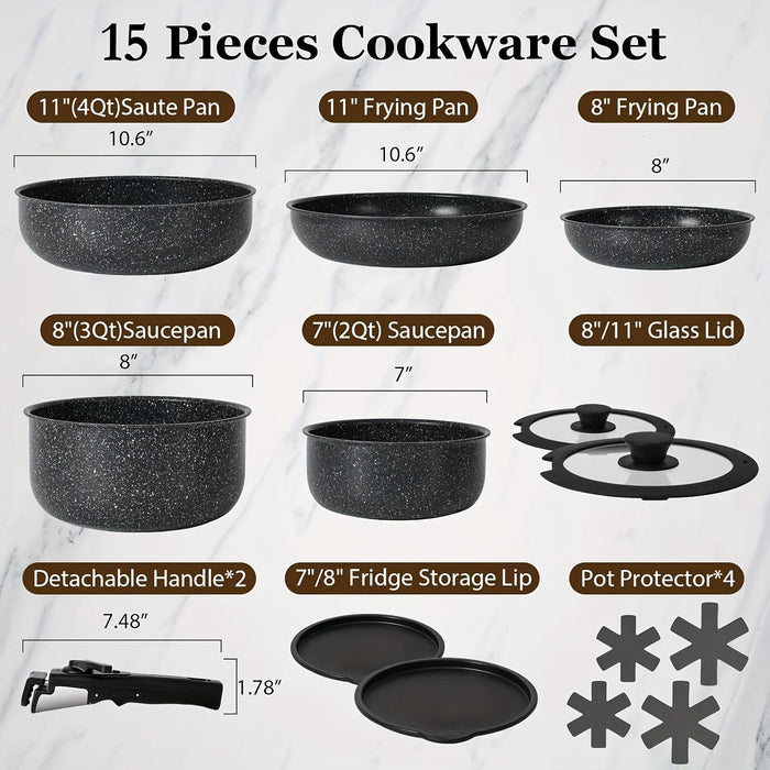 15 Piece Nonstick Cookware Set With Detachable Handles