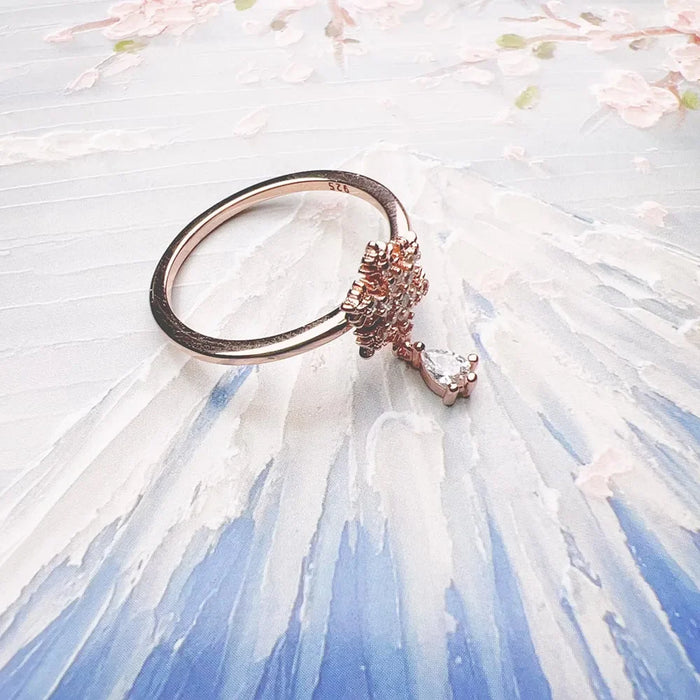 925 Sterling Silver Snowflake Rose Gold Ring With White Stones Romantic Gift For Women