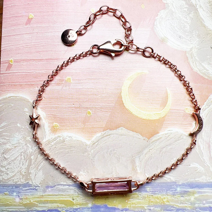 925 Sterling Silver Romantic Gift Rose Gold Bracelet With Pink Stone Star And Moon Jewelry For Women
