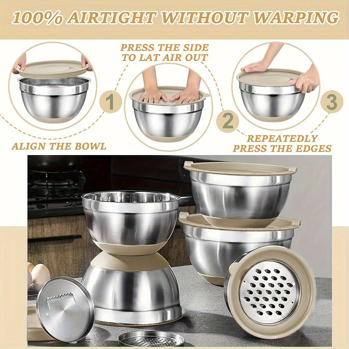 Steel Mixing Bowls With Airtight Lids & Grater Attachments