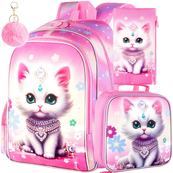 3 Piece Girls Backpack Set 16 Inch Cat Design For Elementary School With Lunch Box