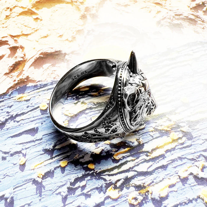 925 Sterling Silver Vintage Blackened Wolf Face Ring Men / Women