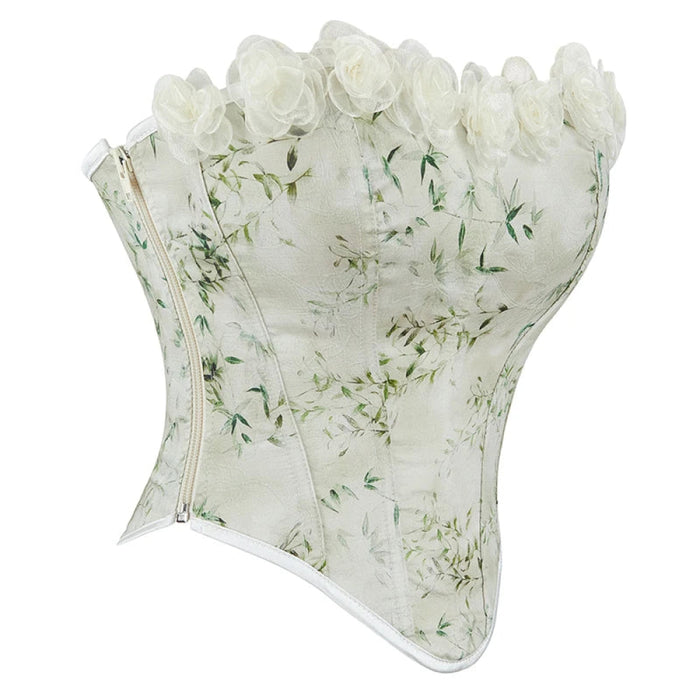 Floral Lace Trim Boned Corset Y2K Zipper Adjustable Flower Applique Full Breast Lifter Zip Up Cropped Top For Women