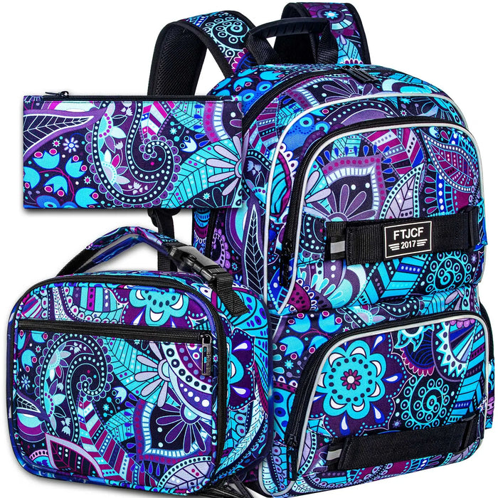 3 Piece Floral Backpack Set 16 Inch School Bag Anti Theft Daypack Lunch Bag